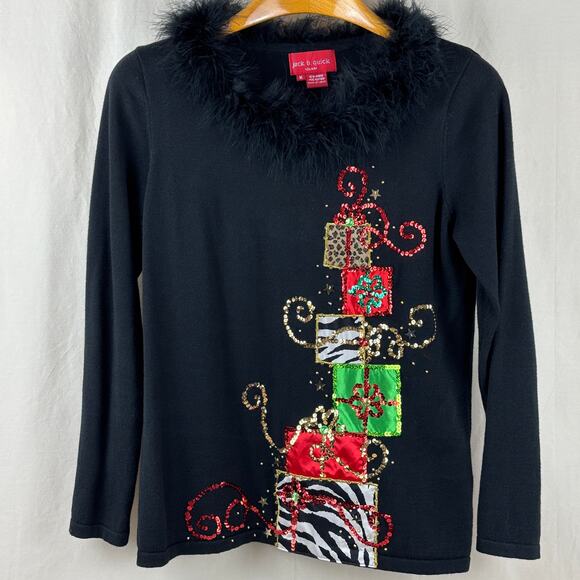 Jack B Quick Holiday Christmas Sweater Sequin Presents Black Feather Collar MED - Picture 1 of 11